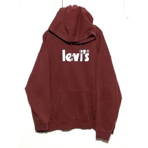 Levi's White Logo Spell Out Relaxed Hoodie Sweatshirt Burgundy Mens XXL Stretch